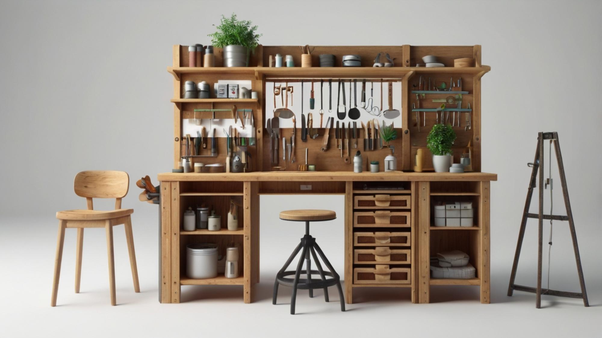 Interior workshop cu mese și ustensile